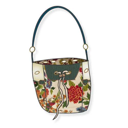 The Archives 2 This is another edition of Bag Five, and this mini bucket bag kicks ass just like the others, in a teal croc (vegan) with a smashingly good looking floral and butterflies print body and some random denim accents.